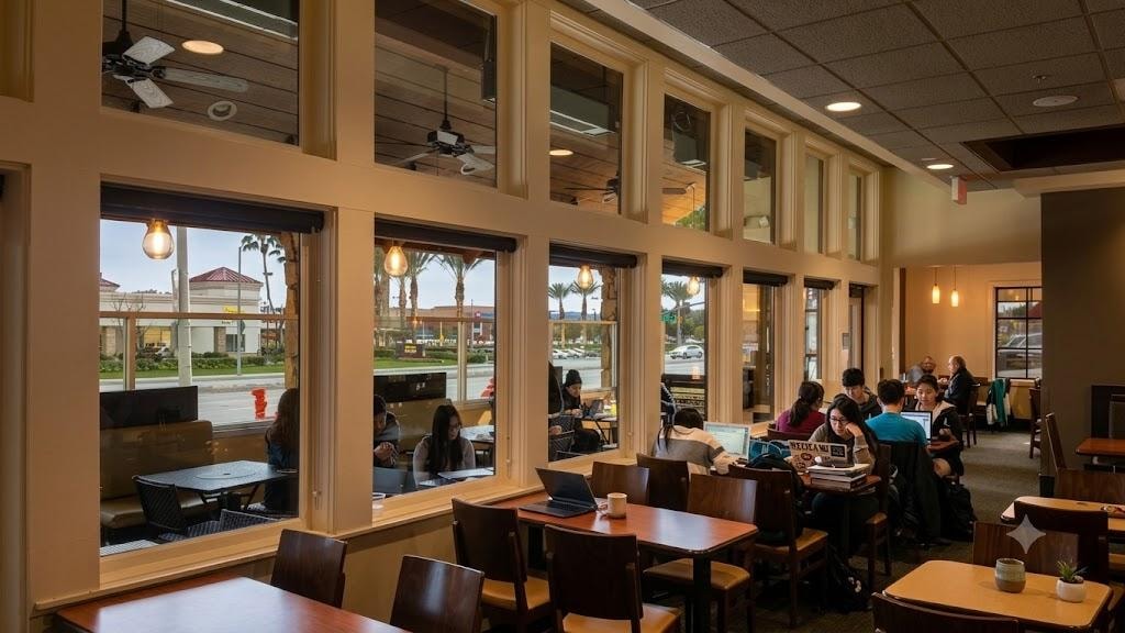 Coffee shop renovation — completed interior dining area with large windows and seating